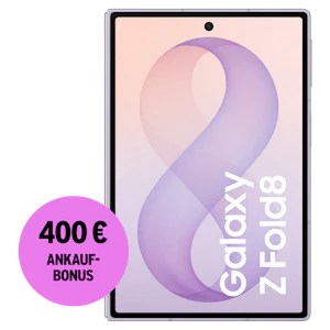 Vorderansicht Samsung Galaxy Z Fold8 Lavender. 400 € Ankaufbonus.