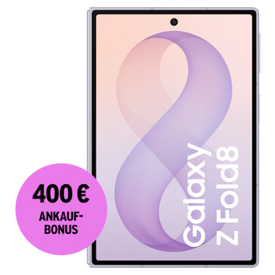 Vorderansicht Samsung Galaxy Z Fold8 Lavender. 400 € Ankaufbonus.