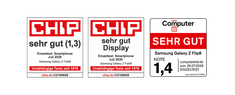 Drei Testsiegel: CHIP „sehr gut (1,3)" und CHIP „sehr gut Display" für Samsung Galaxy Z Fold8 (Einzeltest Juli 2026), sowie Computer Bild „Sehr gut", Note 1,4, für Samsung Galaxy Z Flip8 vom 29.07.2026.