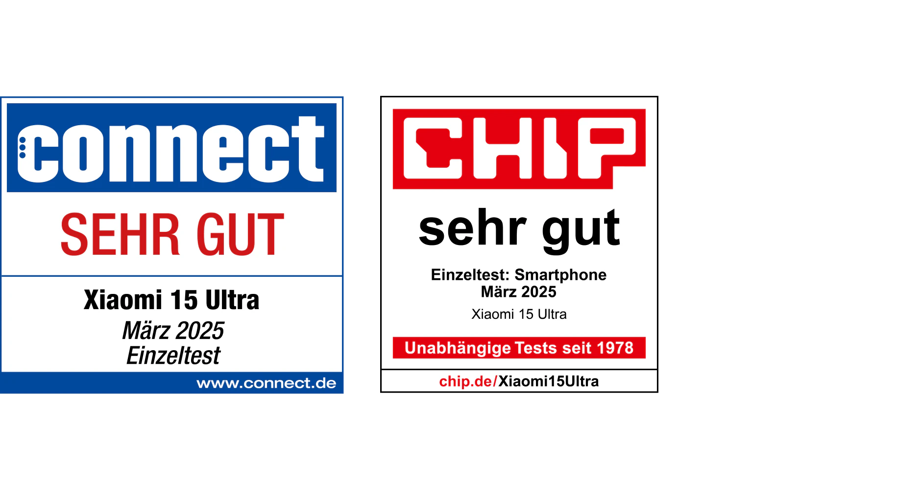 Zwei Siegel von Produkttests: 1. connect mit Note 'sehr gut', März 2025; 2. Chip mit 'sehr gut', März 2025.