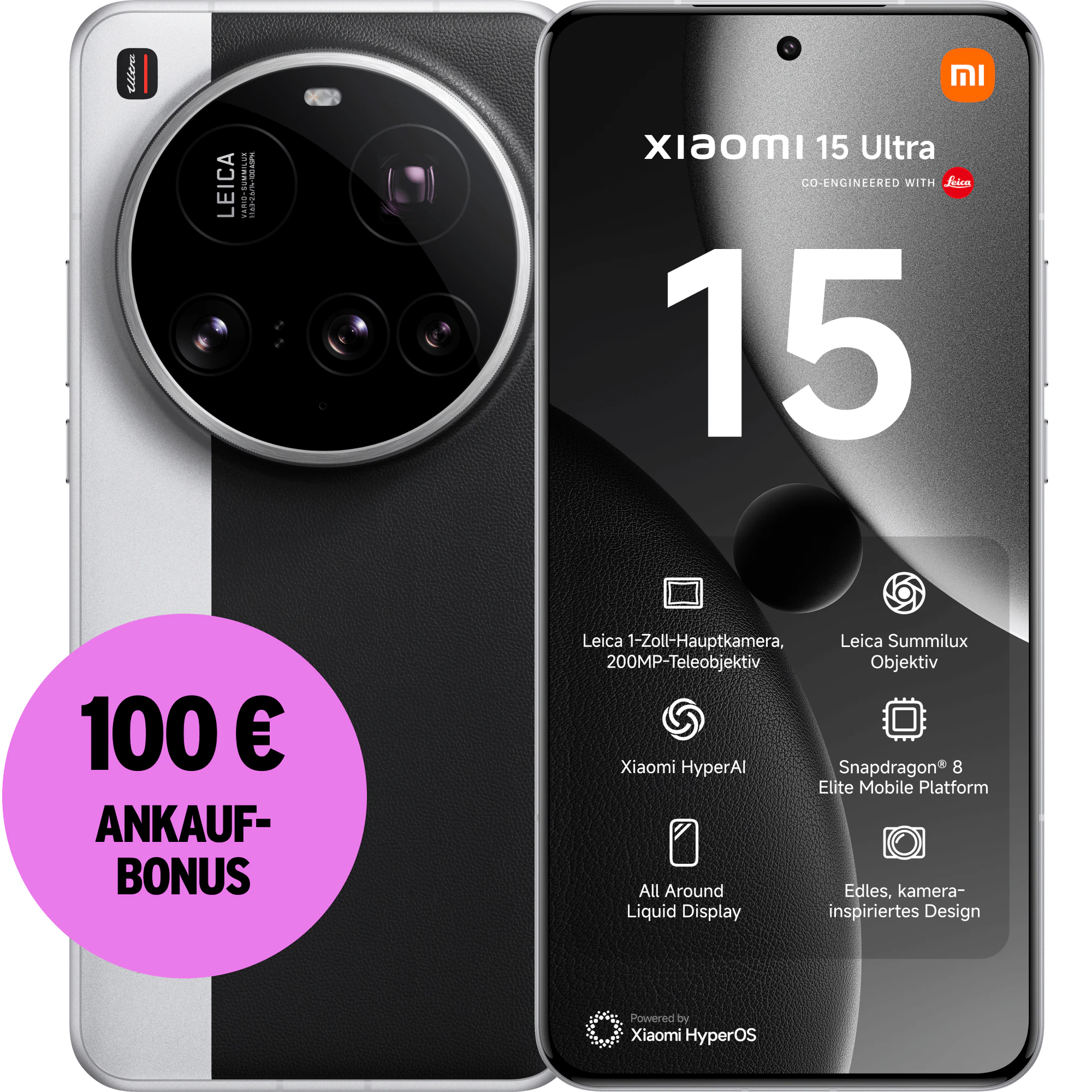 Vorder- und Rückansicht Xiaomi 15 Ultra Silber und Leder. 100 € Ankaufbonus. Energieeffizienzklasse A.