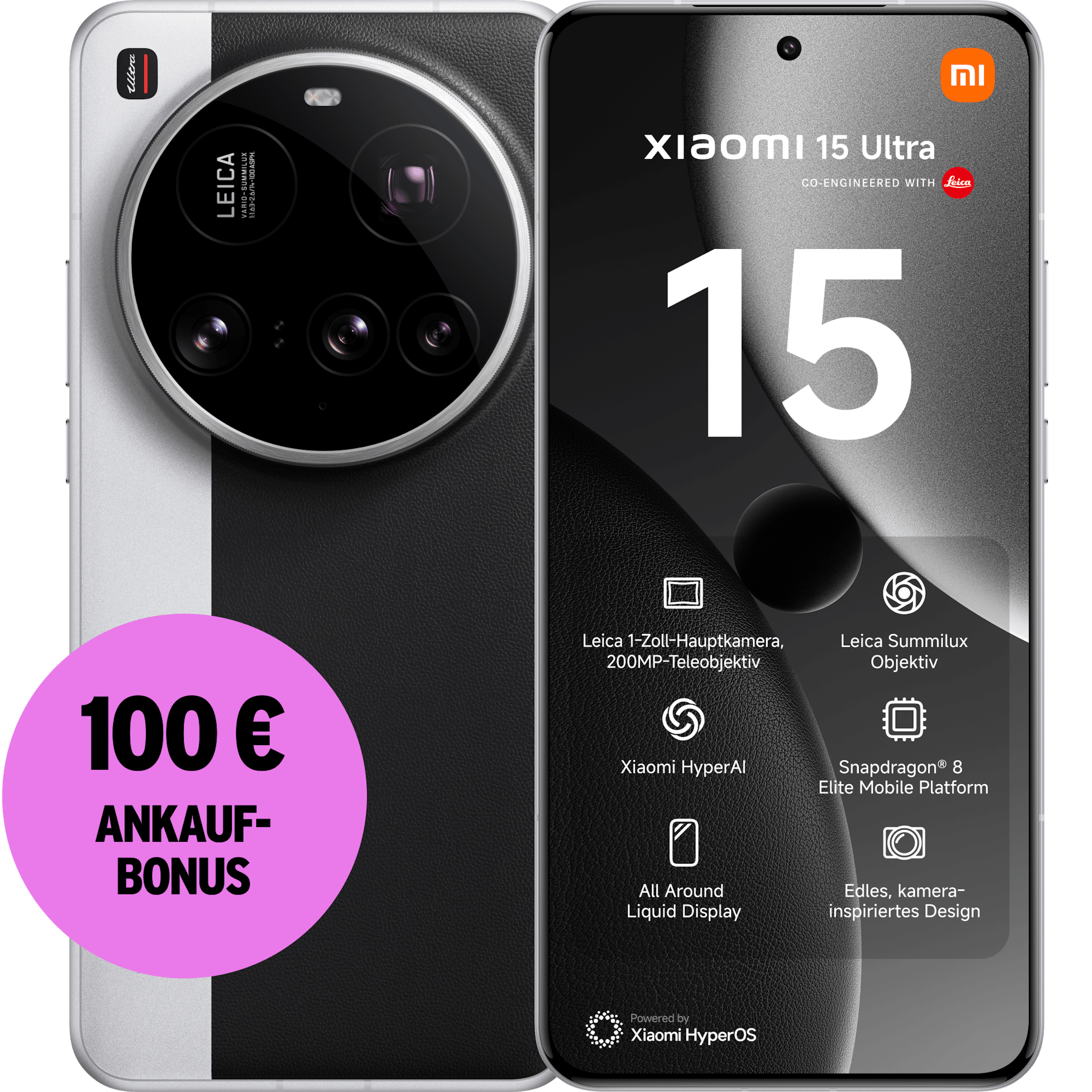 Highlight Bild vom Gerät Vorder- und Rückansicht Xiaomi 15 Ultra Silber und Leder. 100 € Ankaufbonus. Energieeffizienzklasse A.