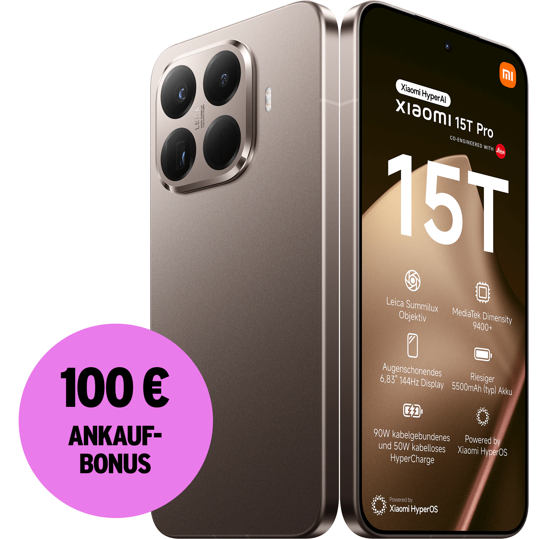 Schräge Rück- und Frontansicht Xiaomi 15T Pro Mocha Gold. 100 € Ankaufbonus.
