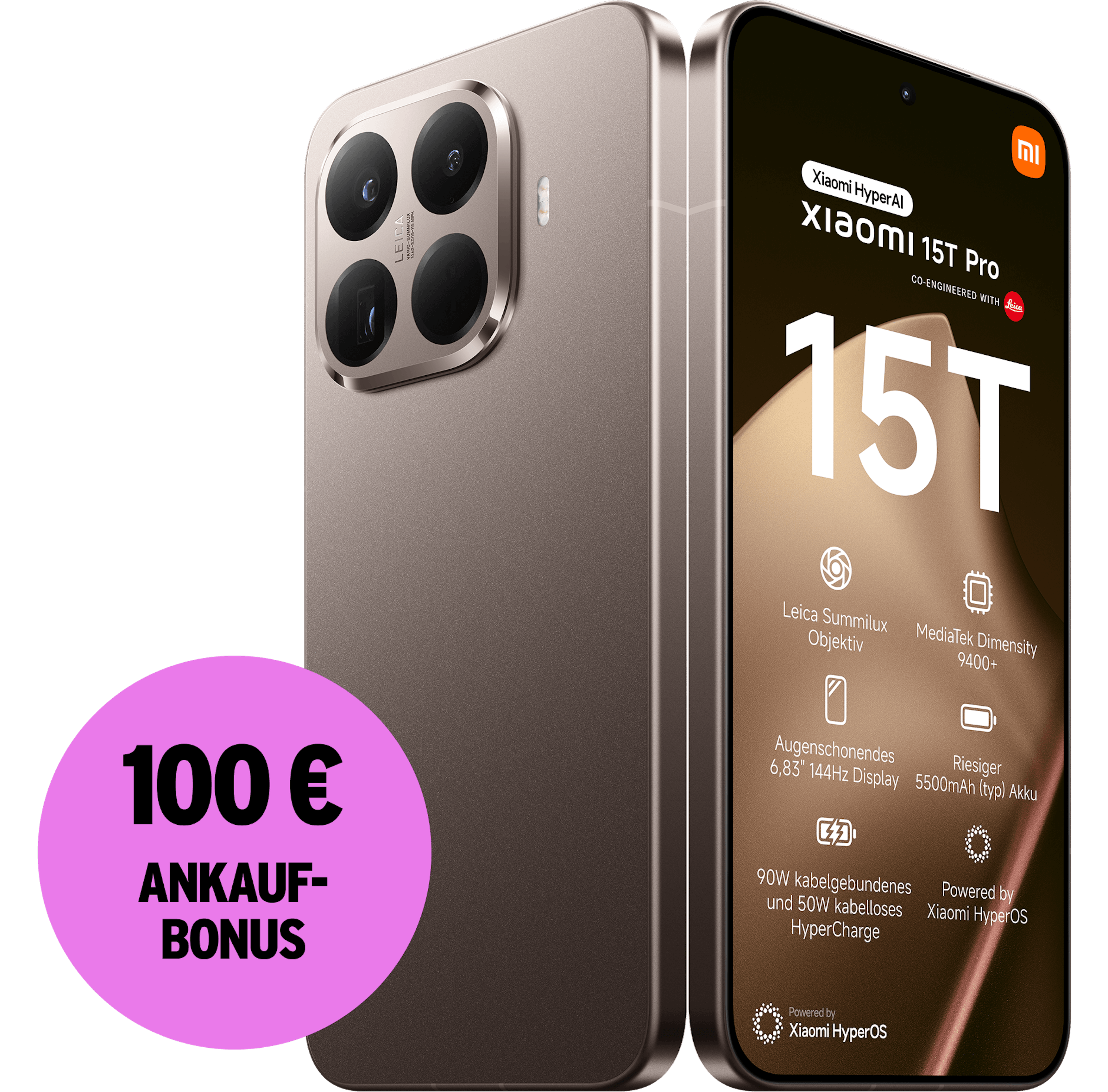 Schräge Rück- und Frontansicht Xiaomi 15T Pro Mocha Gold. 100 € Ankaufbonus.