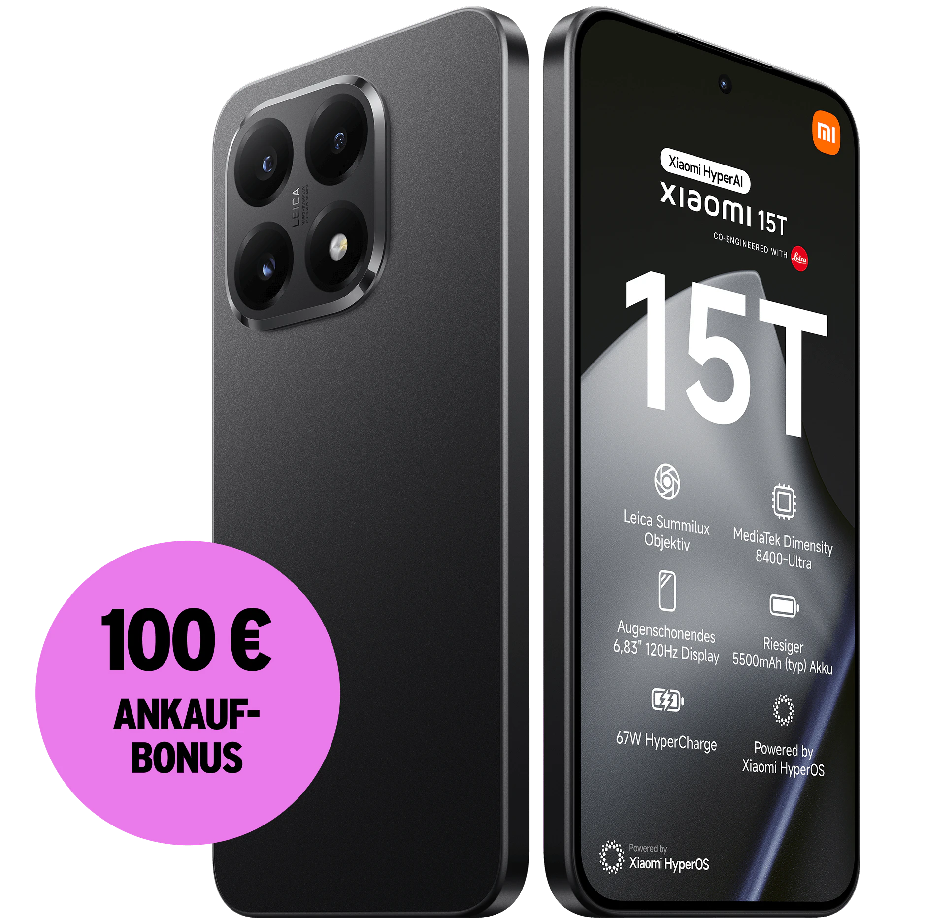 Schräge Front- und Rückansicht Xiaomi 15T Black. 100 € Ankaufbonus.