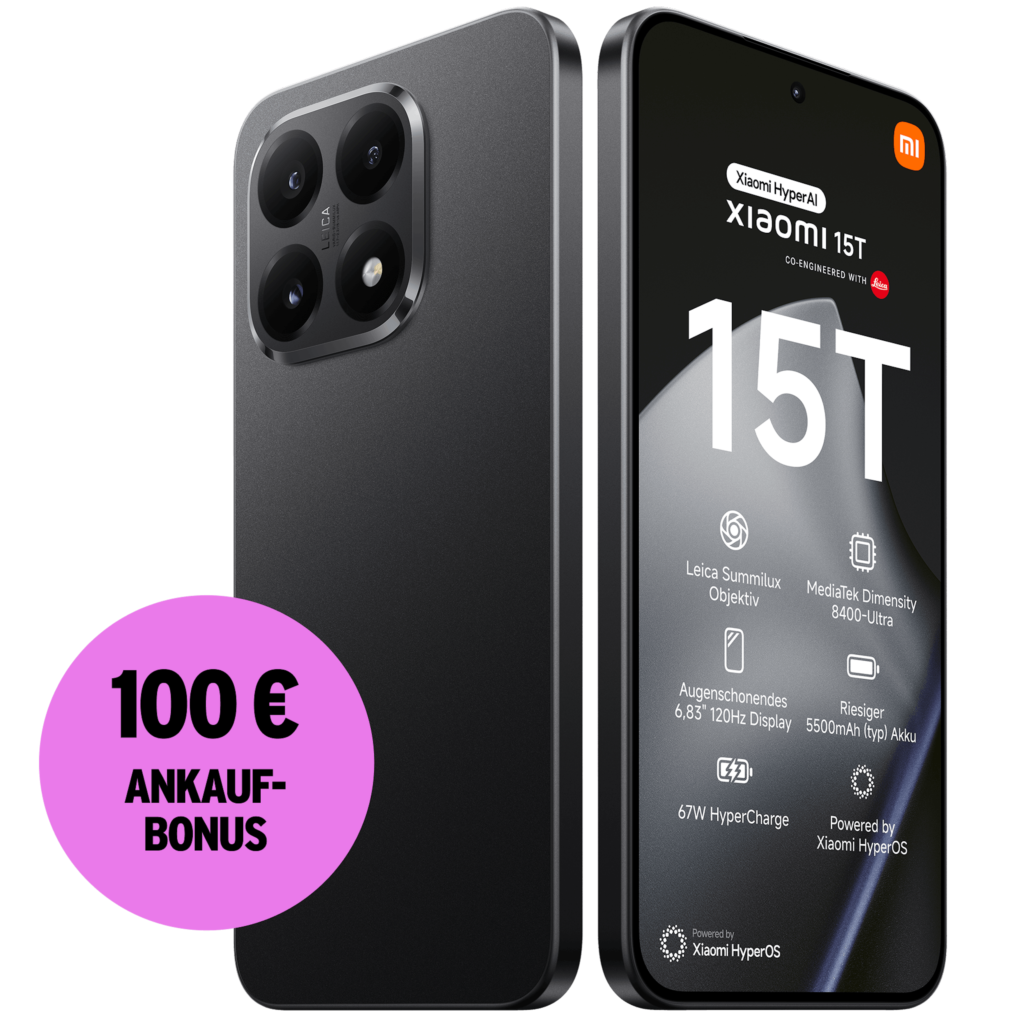 Schräge Front- und Rückansicht Xiaomi 15T Black. 100 € Ankaufbonus.