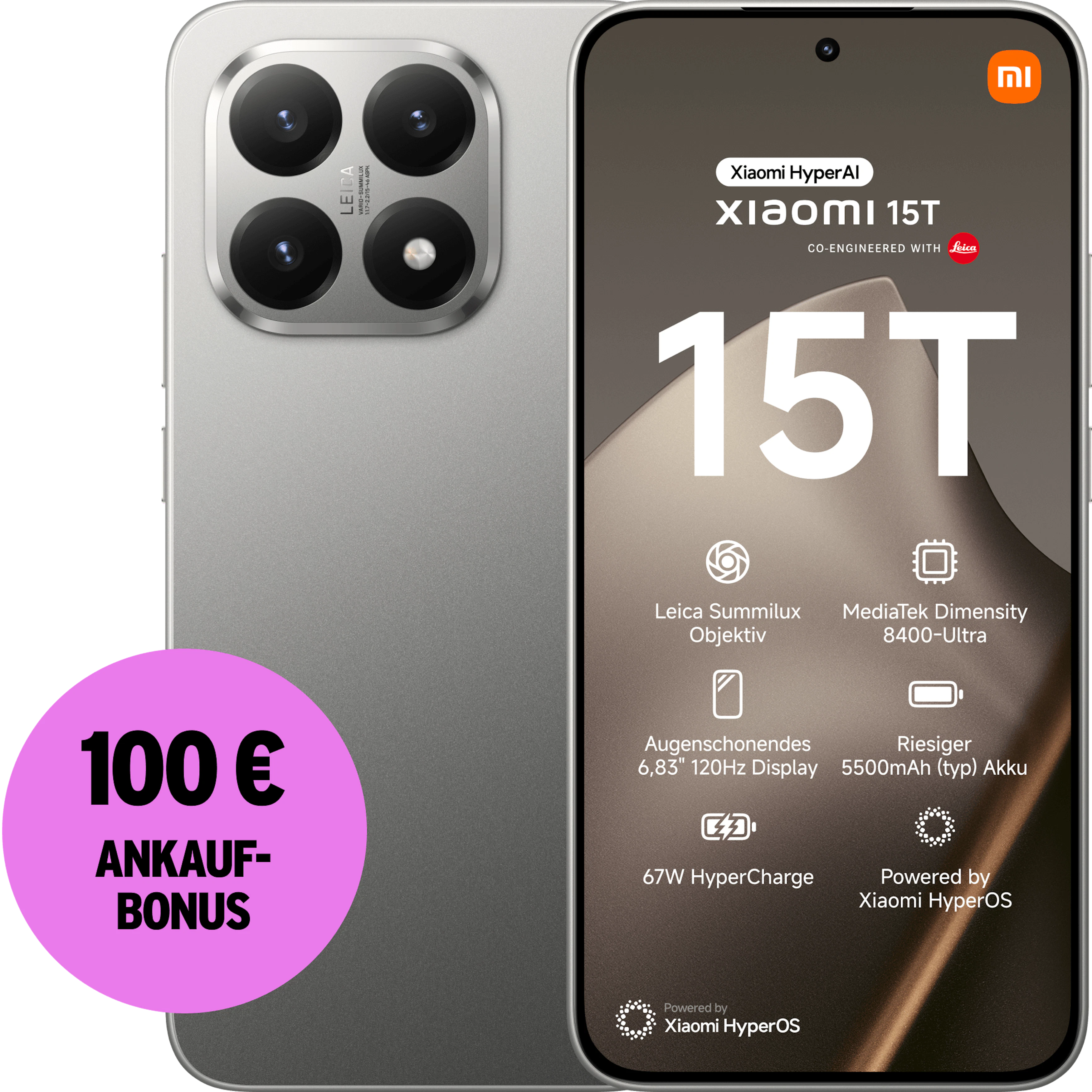 Rück- und Frontansicht Xiaomi 15T Gray. 100 € Ankaufbonus.