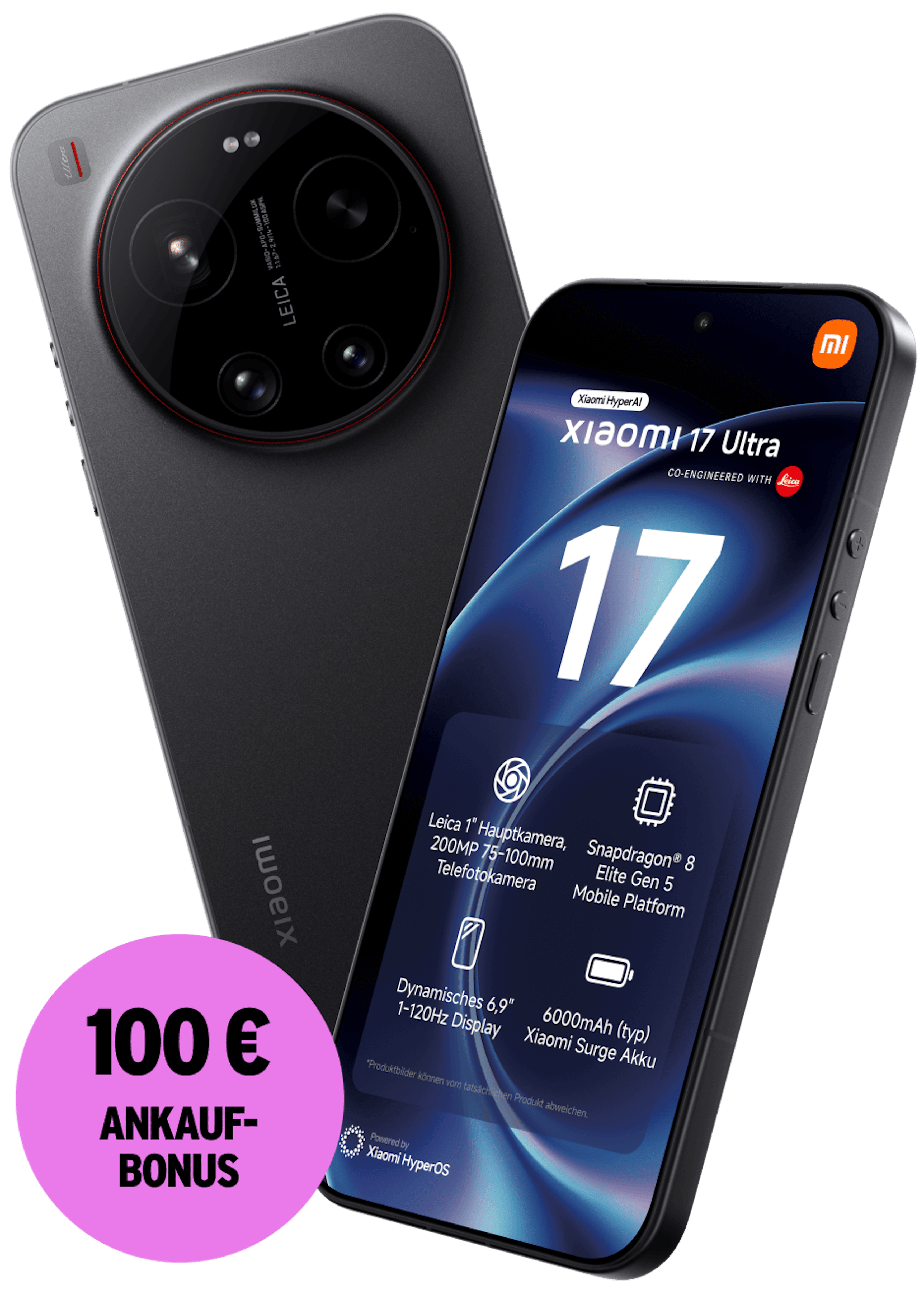 Rück- und Vorderansicht Xiaomi 17 Ultra in schwarz. 100 € Ankaufbonus.