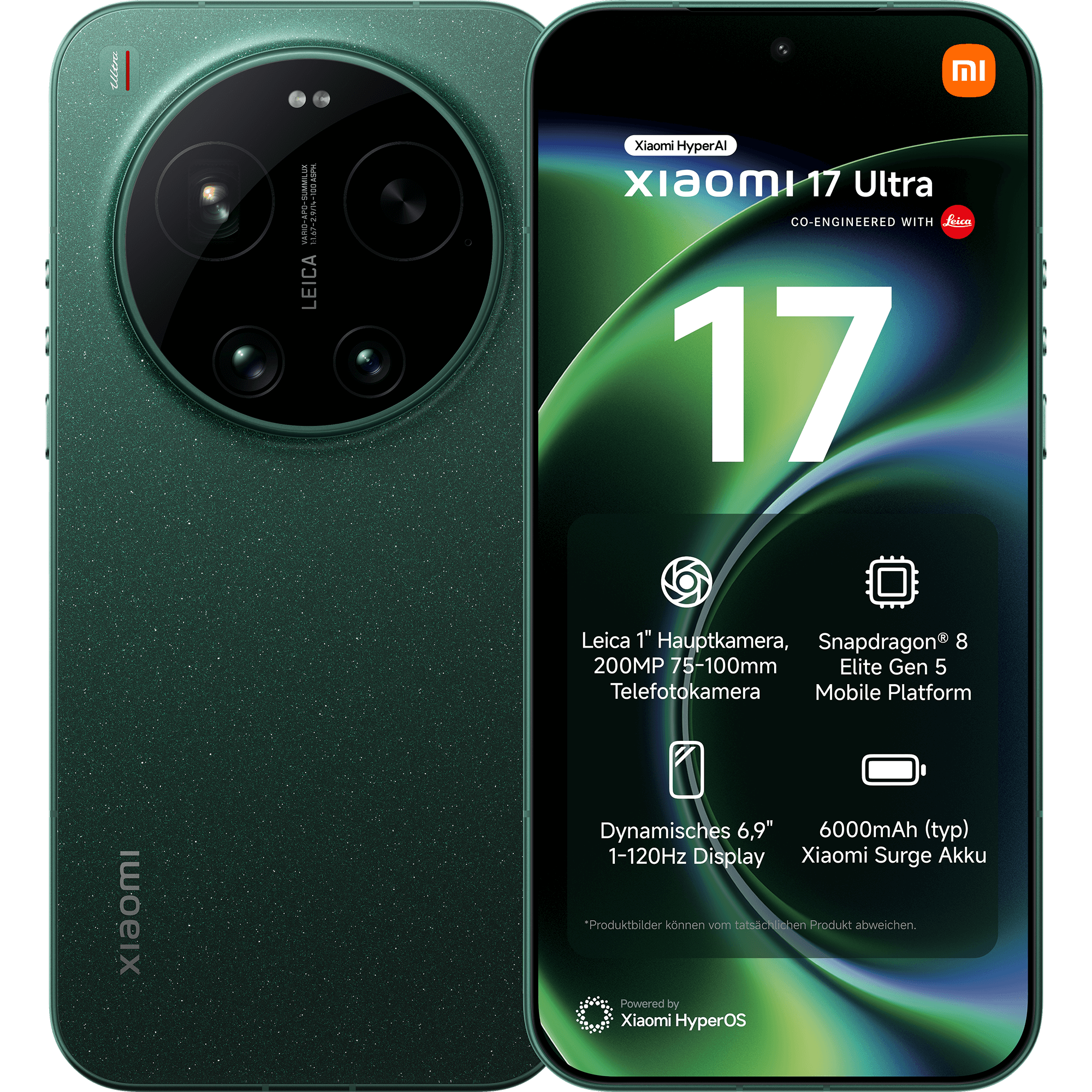 Rück- und Vorderansicht Xiaomi 17 Ultra in grün.