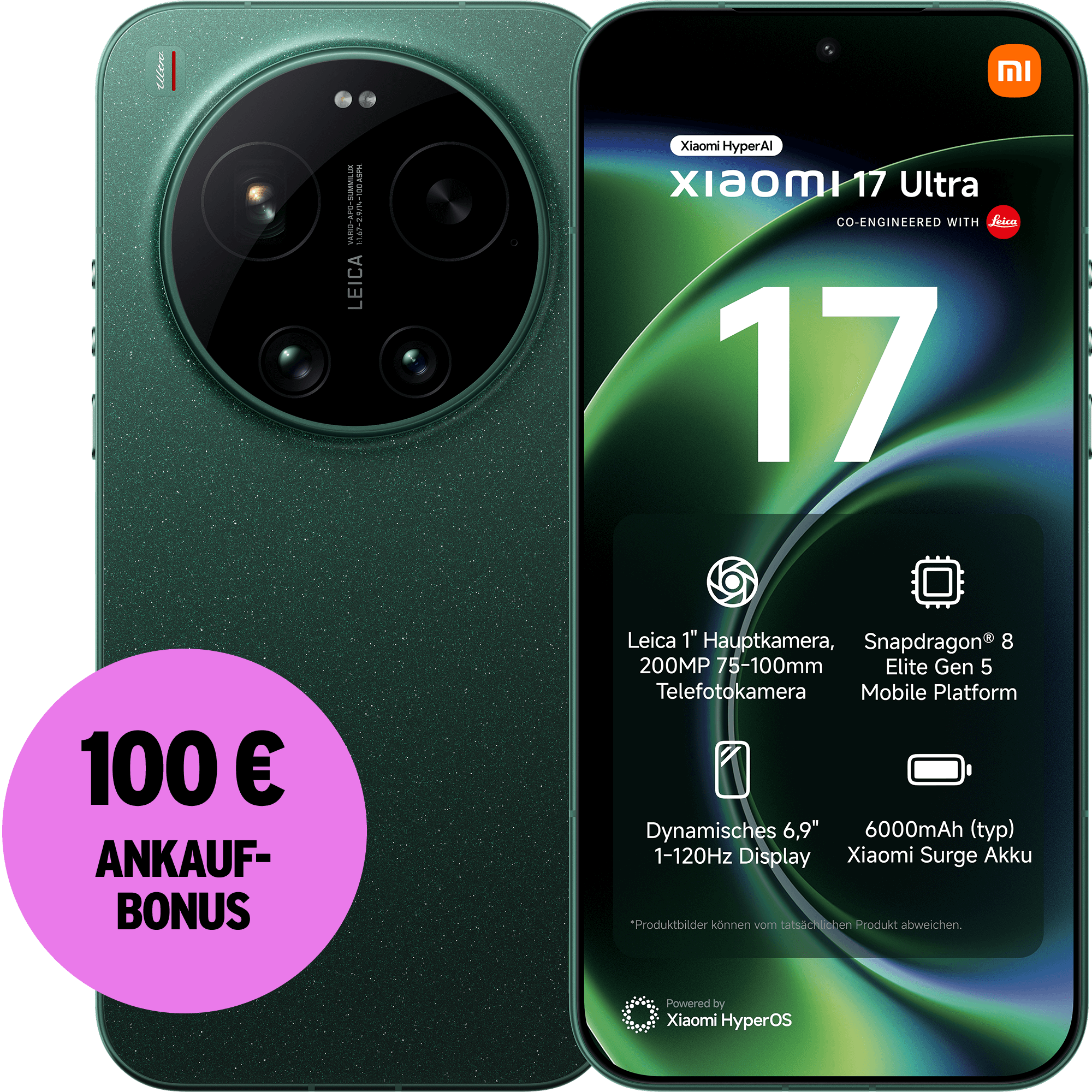 Rück- und Vorderansicht Xiaomi 17 Ultra in grün. 100 € Ankaufbonus.