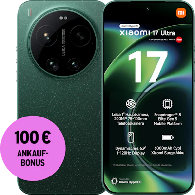 Rück- und Vorderansicht Xiaomi 17 Ultra in grün. 100 € Ankaufbonus.