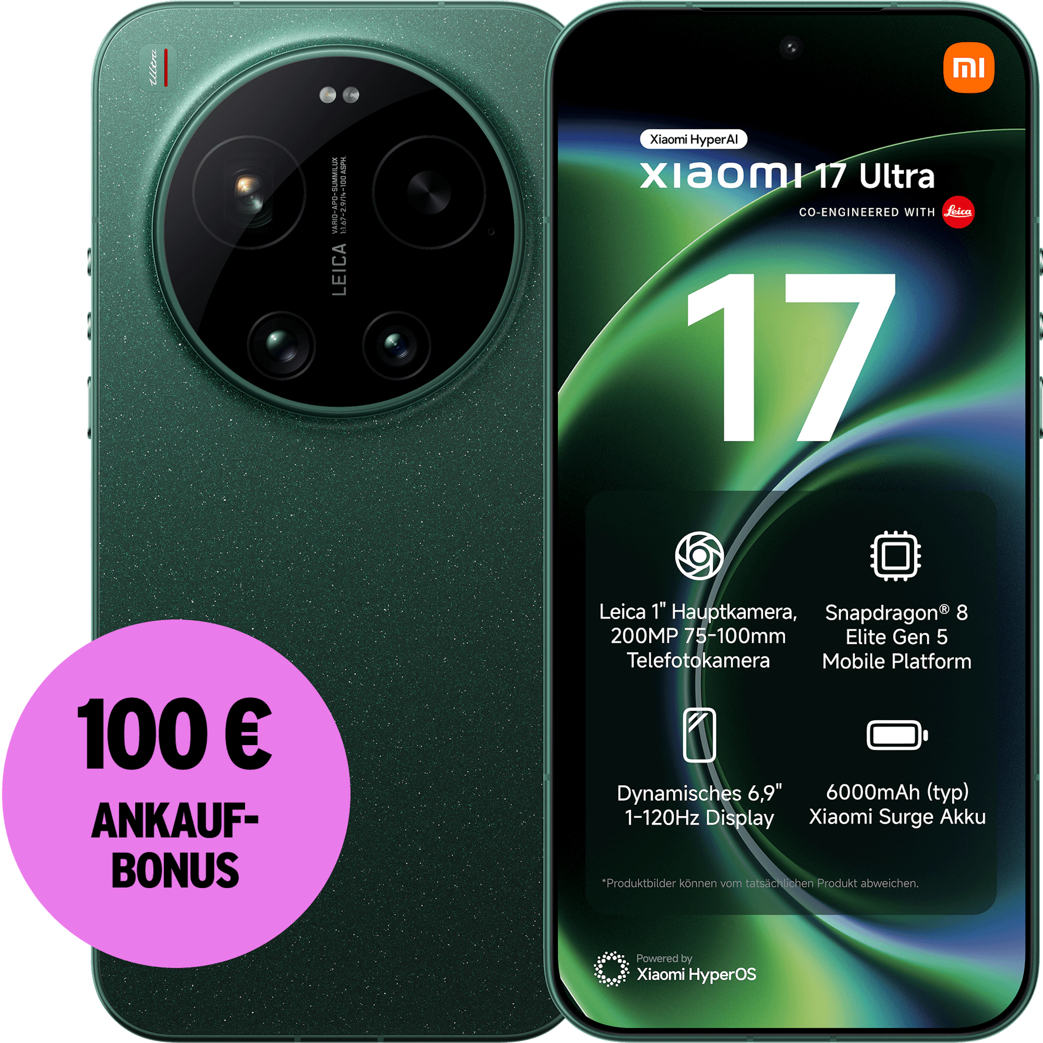 Rück- und Vorderansicht Xiaomi 17 Ultra in grün. 100 € Ankaufbonus.