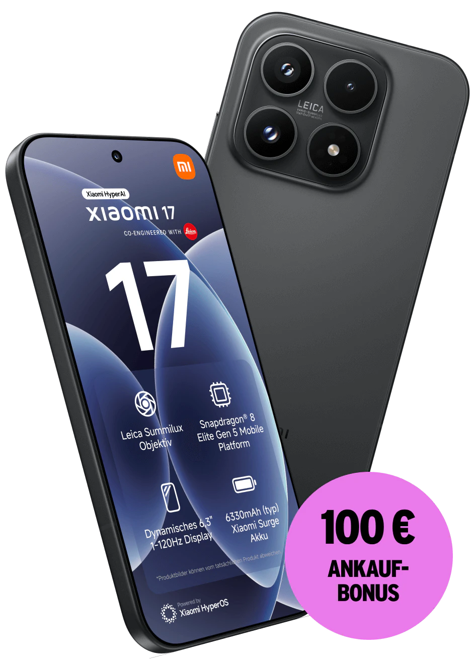 Rück- und Vorderansicht Xiaomi 17 in schwarz. 100 € Ankaufbonus.