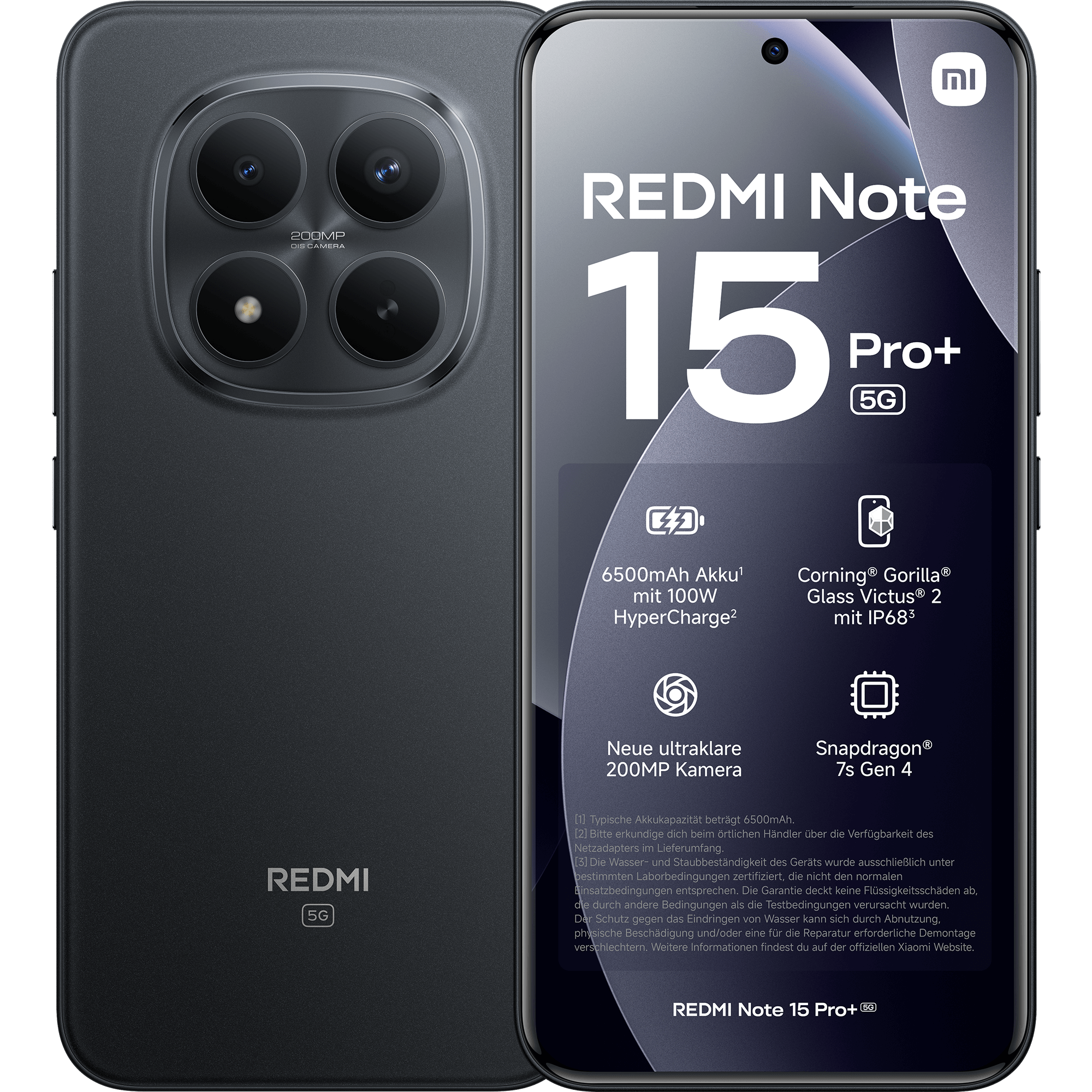 Vorder- und Rückansicht Xiaomi Redmi Note 15+ Pro Schwarz.