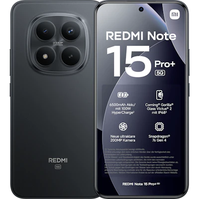 Vorder- und Rückansicht Xiaomi Redmi Note 15+ Pro Schwarz.