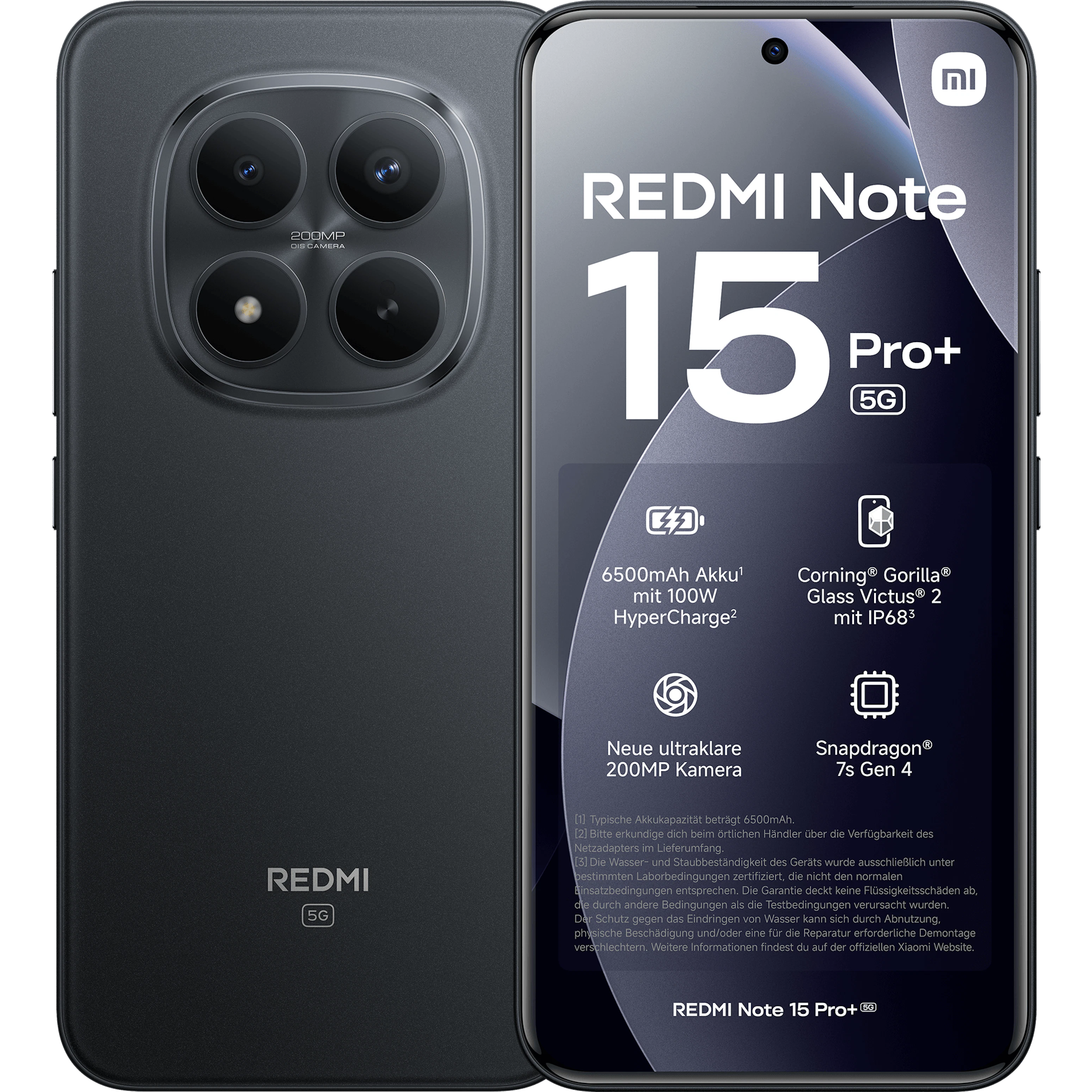 Vorder- und Rückansicht Xiaomi Redmi Note 15+ Pro Schwarz.