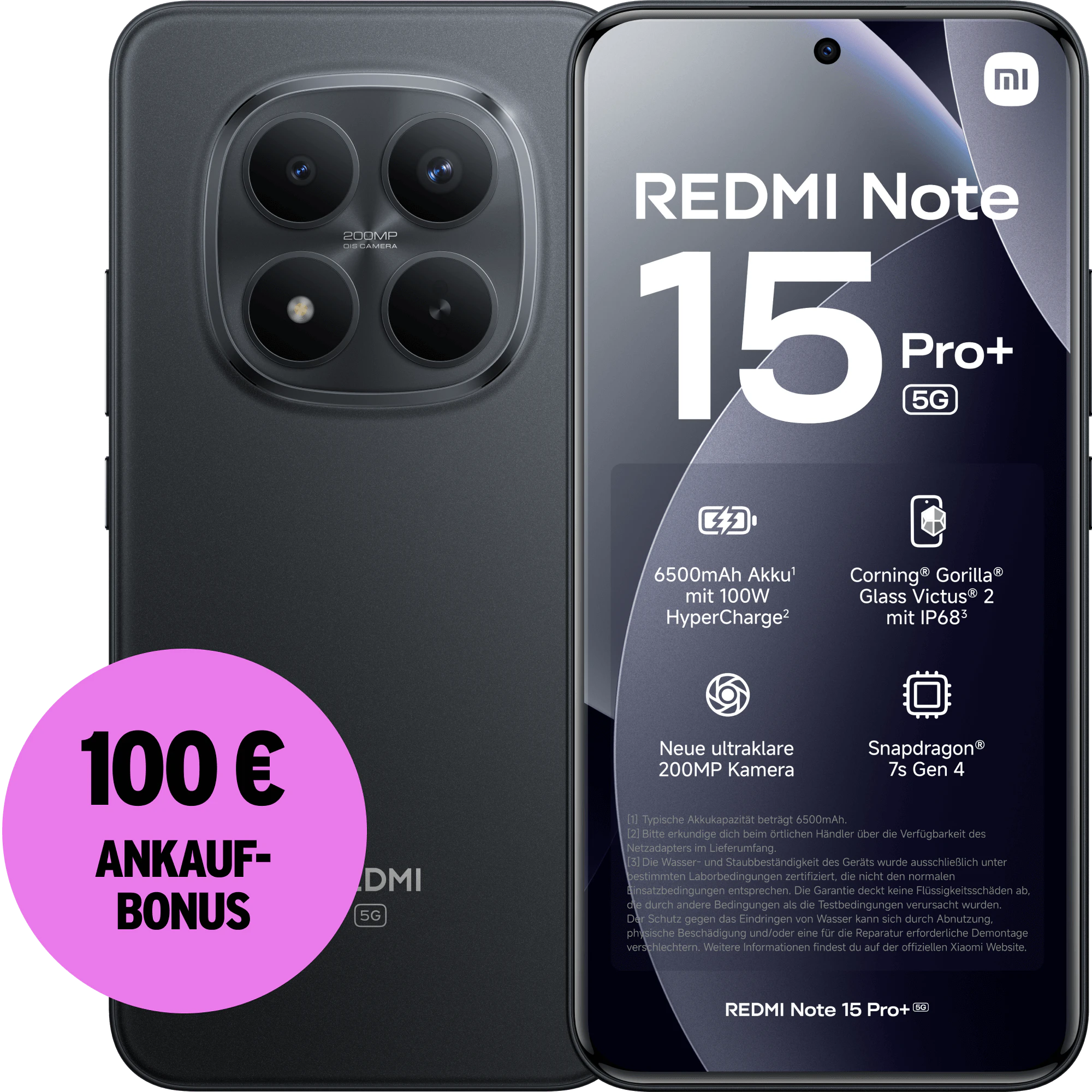 Vorder- und Rückansicht Xiaomi Redmi Note 15+ Pro Schwarz. 100 € Ankaufbonus.