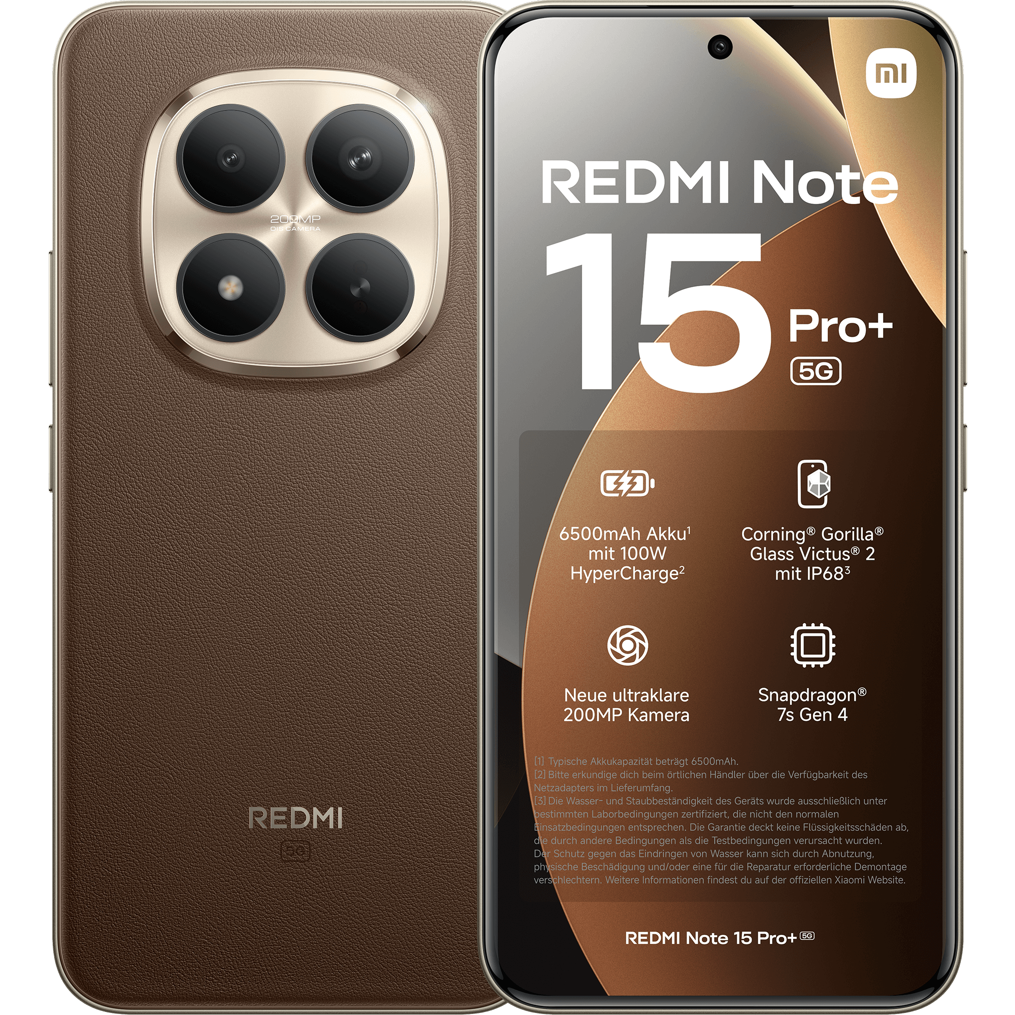 Vorder- und Rückansicht Xiaomi Redmi Note 15+ Pro Braun.