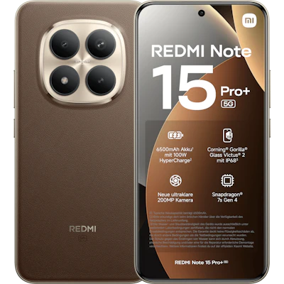 Vorder- und Rückansicht Xiaomi Redmi Note 15+ Pro Braun.