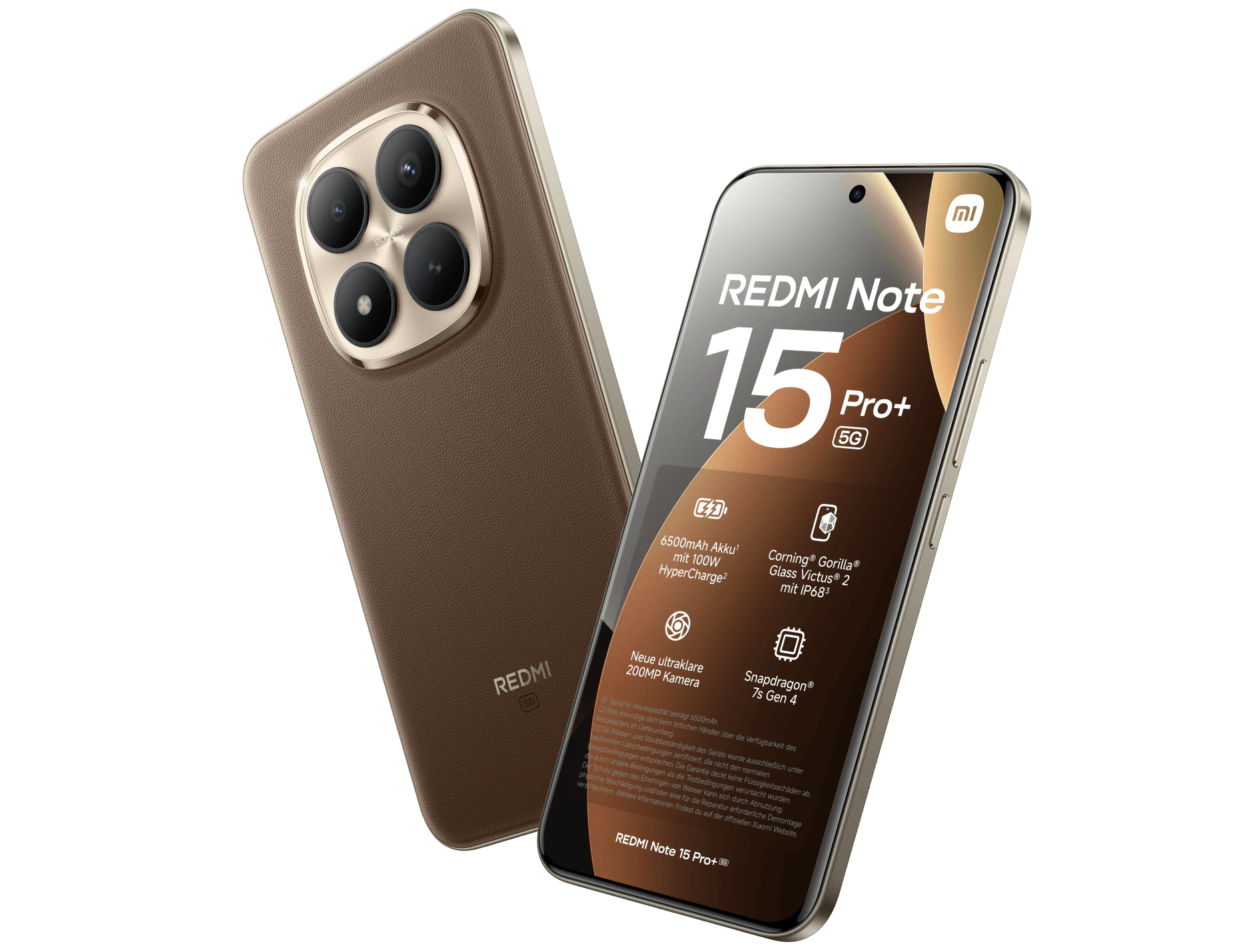 Schräge Vorder- und Rückansicht Xiaomi Redmi Note 15+ Pro.