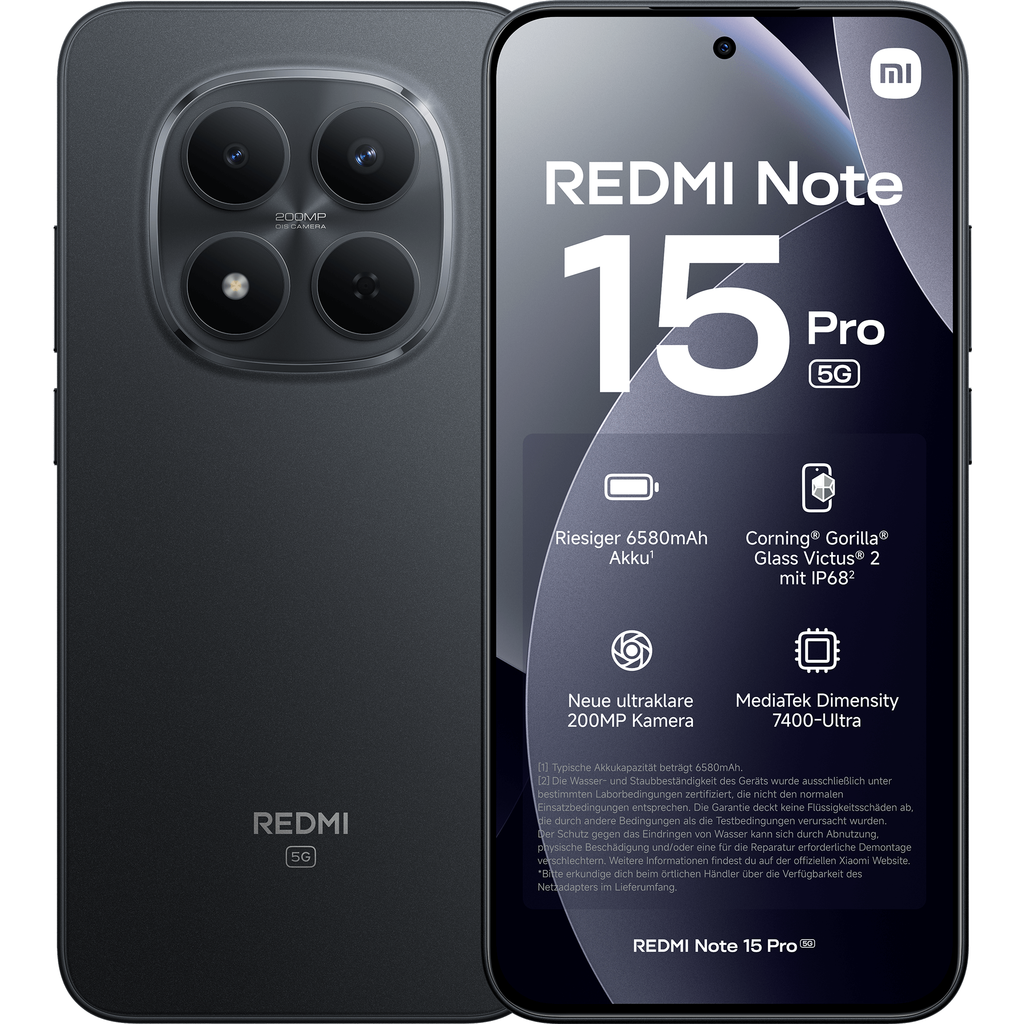 Vorder- und Rückansicht Xiaomi Redmi Note 15 Pro Schwarz.