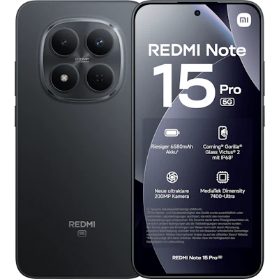 Vorder- und Rückansicht Xiaomi Redmi Note 15 Pro Schwarz.
