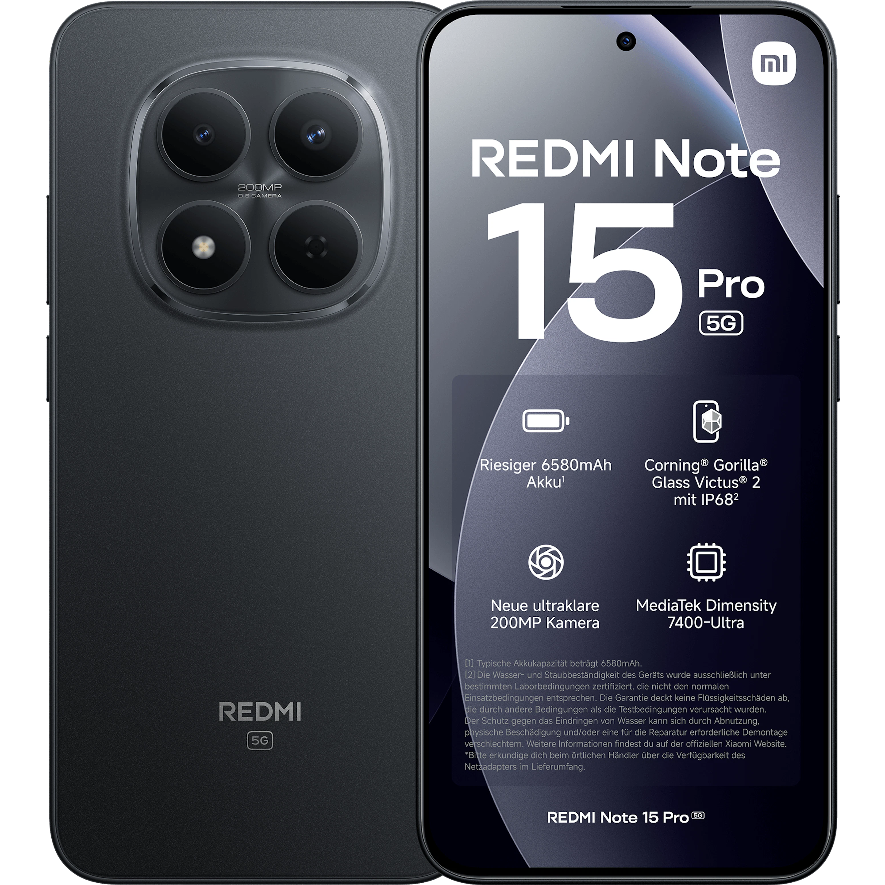 Vorder- und Rückansicht Xiaomi Redmi Note 15 Pro Schwarz.