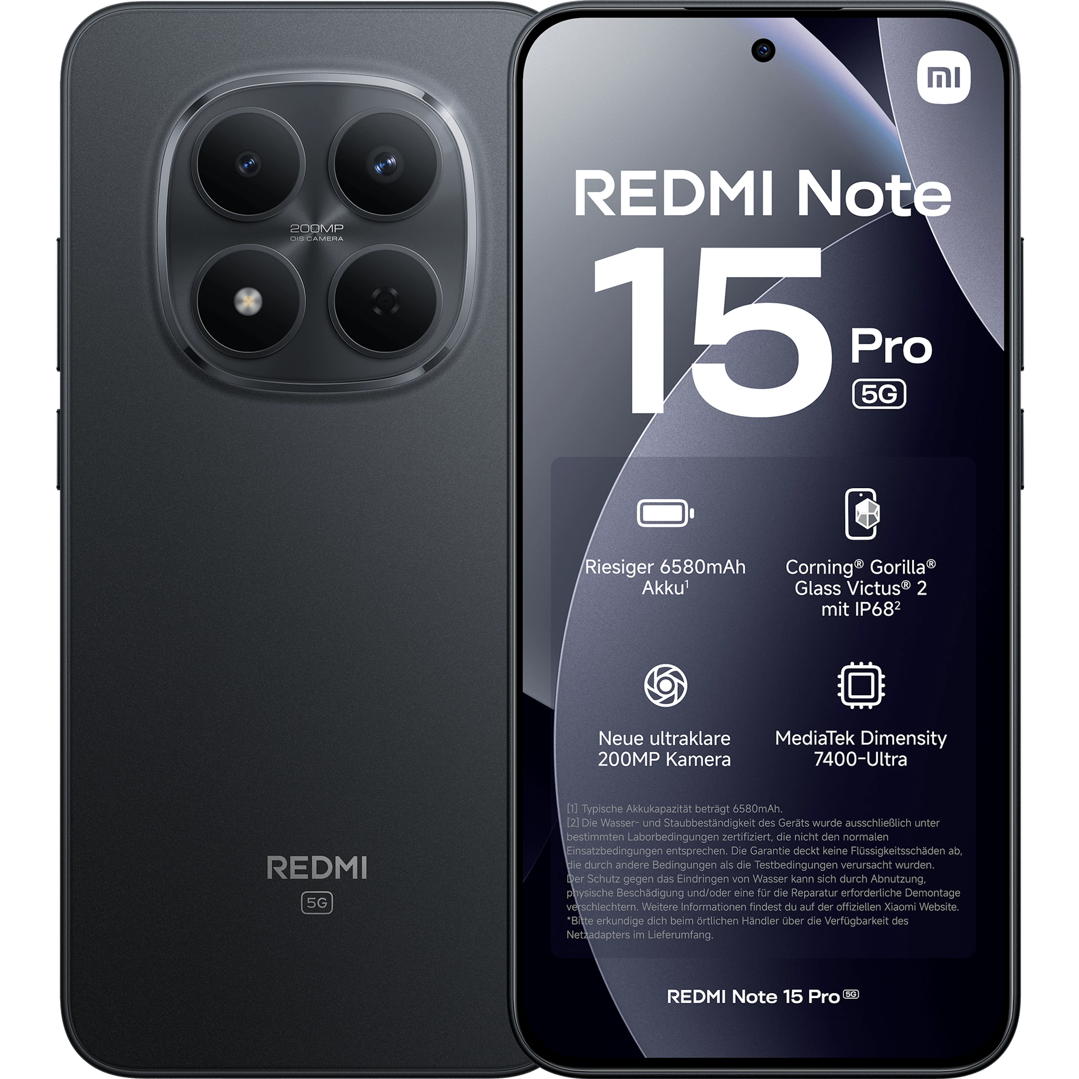 Vorder- und Rückansicht Xiaomi Redmi Note 15 Pro Schwarz.