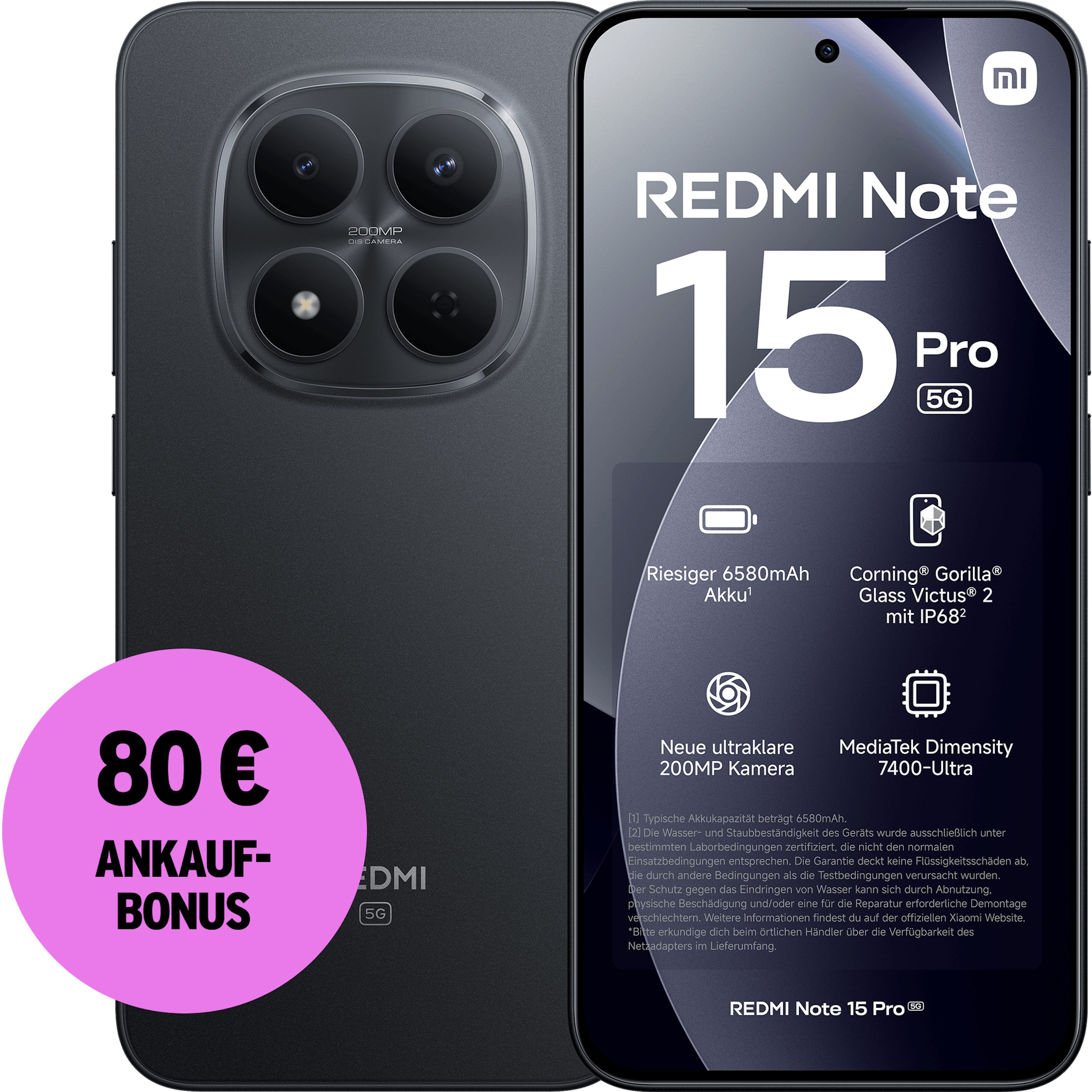 Vorder- und Rückansicht Xiaomi Redmi Note 15 Pro Schwarz. 80 € Ankaufbonus.