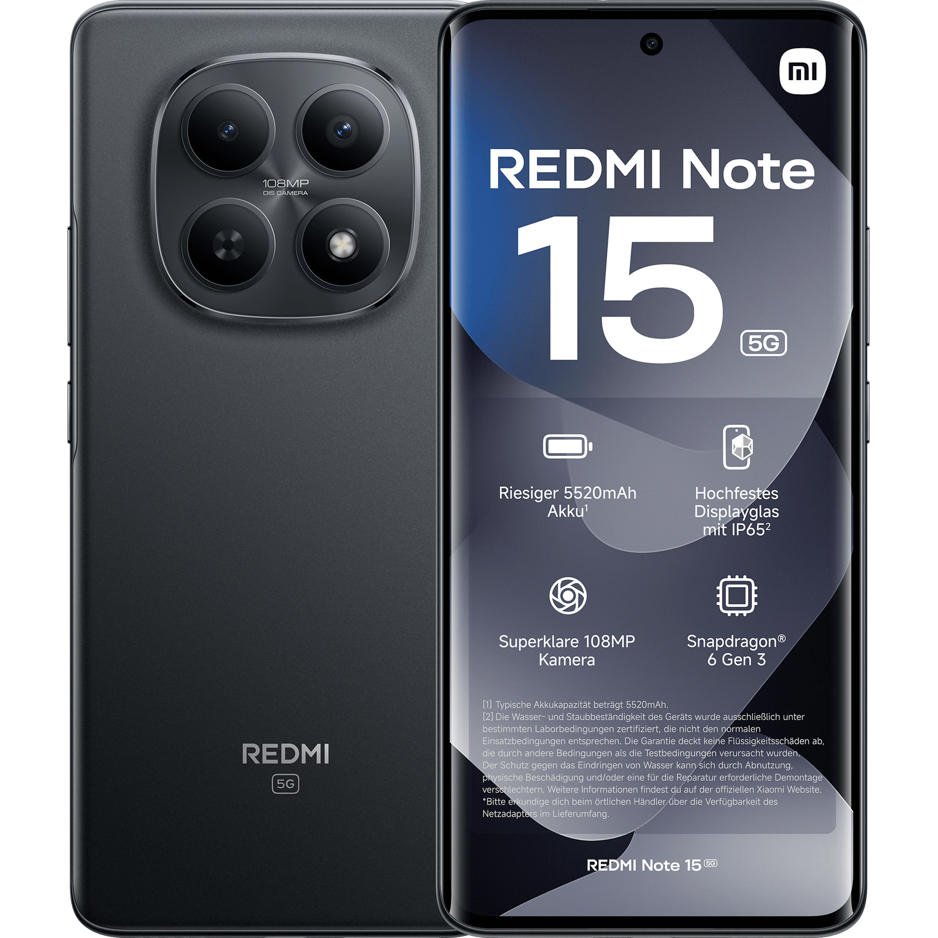 Vorder- und Rückansicht Xiaomi Redmi Note 15 Schwarz.