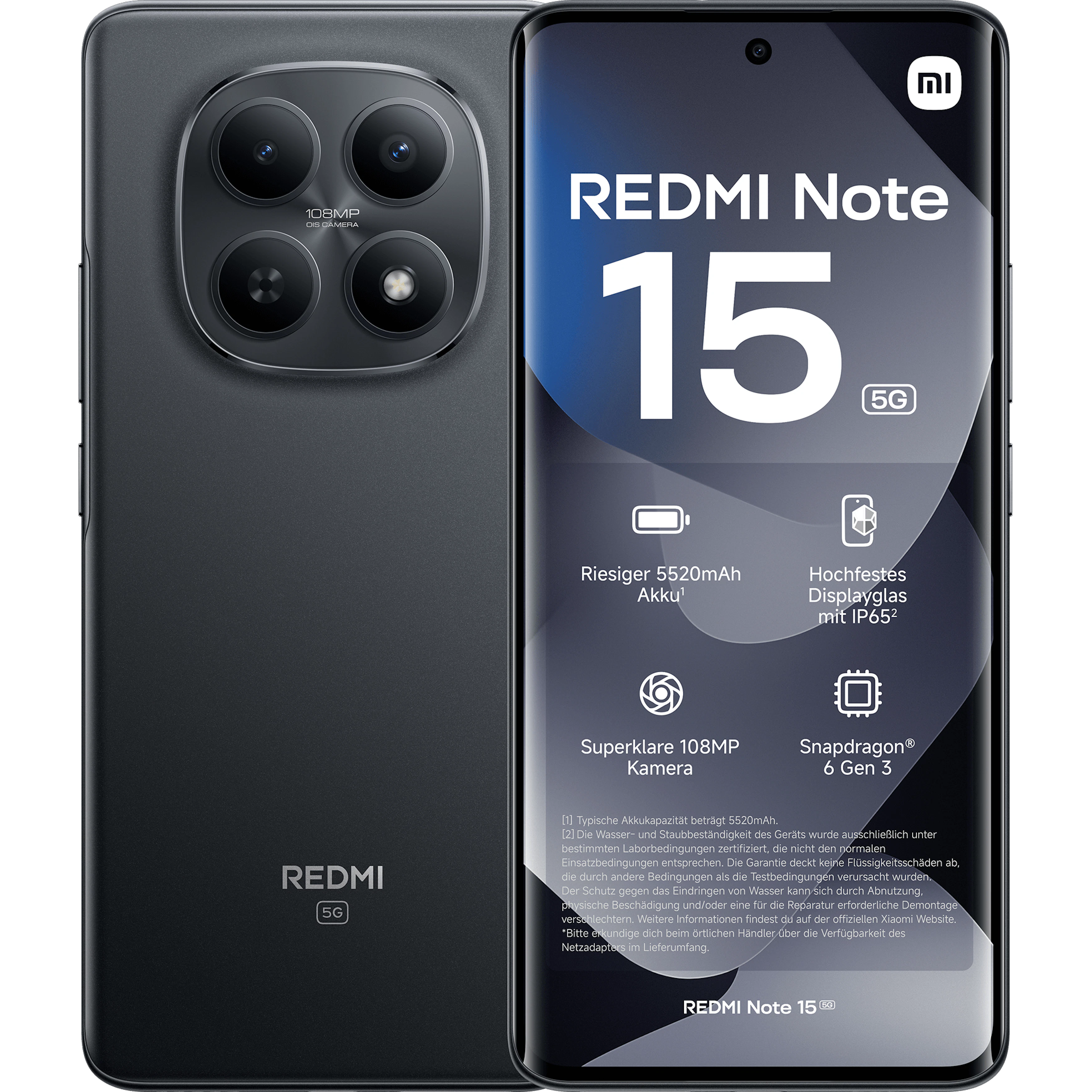 Vorder- und Rückansicht Xiaomi Redmi Note 15 Schwarz.